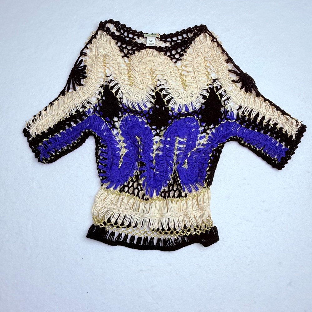 Vivid Collection Stylish Crochet Top - Black, Blue, Cream Pre-Owned Size S
